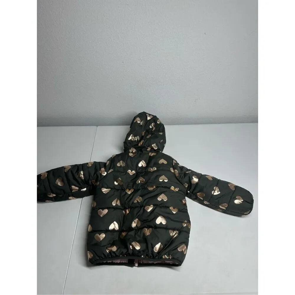 Carter's Puffer Coat Gold Hearts Print Size 4T Brown Pink See Description